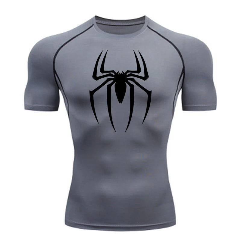 2024Men's Spider Print Compression Shirt, Quick Dry T-Shirt, Gym Running Jersey, Breathable Short Sleeve, Spring, Summer, M-3XL