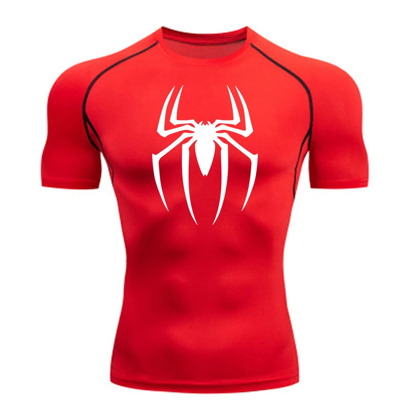 2024Men's Spider Print Compression Shirt, Quick Dry T-Shirt, Gym Running Jersey, Breathable Short Sleeve, Spring, Summer, M-3XL