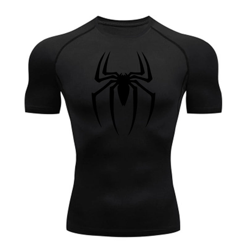 2024Men's Spider Print Compression Shirt, Quick Dry T-Shirt, Gym Running Jersey, Breathable Short Sleeve, Spring, Summer, M-3XL