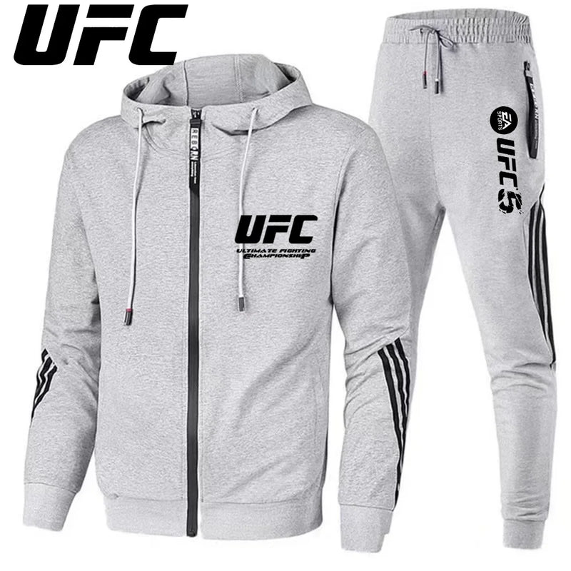 UFC New Frontier Men's Casual Sports Set Fashion Zipper Jacket Running Women's Men's Sports Set UFC Printed Outdoor Hoodie Set
