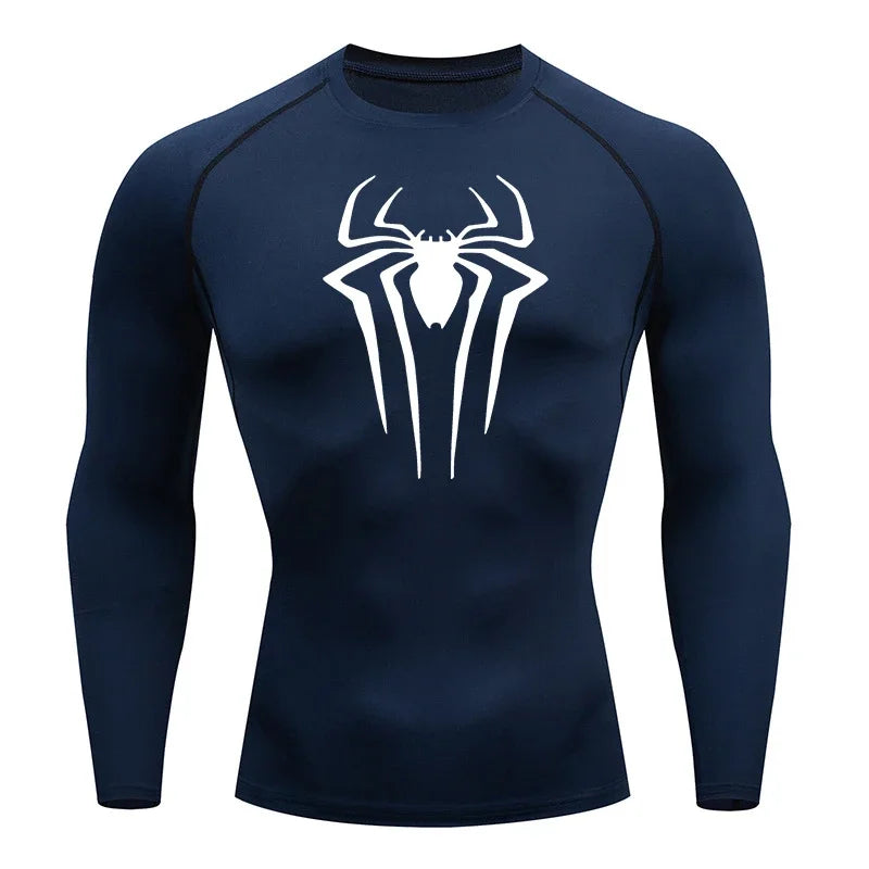 Spider Print Long Sleeve Compression Shirts for Men Gym Workout Rash Guard Undershirts Baselayers Athletic Quick Dry Tees Tops