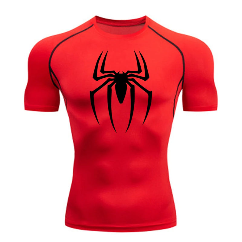 2024Men's Spider Print Compression Shirt, Quick Dry T-Shirt, Gym Running Jersey, Breathable Short Sleeve, Spring, Summer, M-3XL
