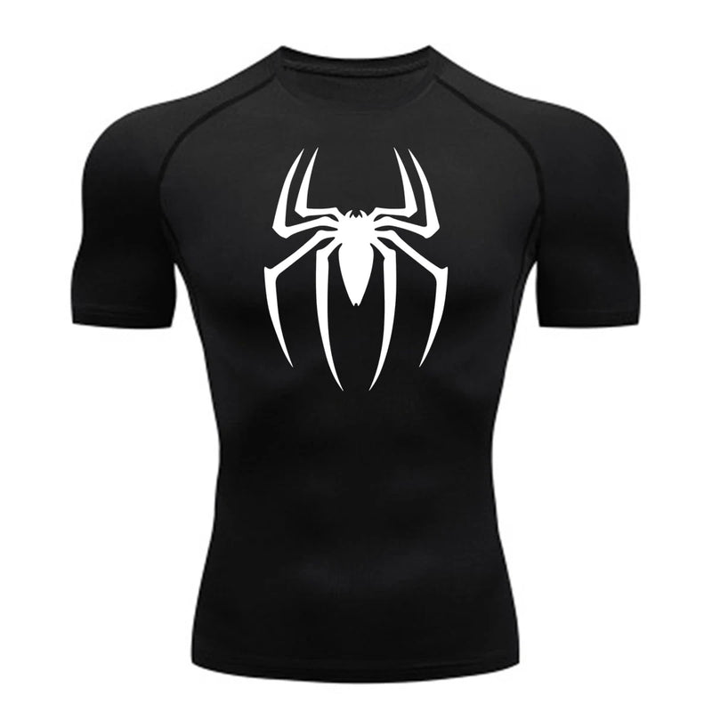 2024Men's Spider Print Compression Shirt, Quick Dry T-Shirt, Gym Running Jersey, Breathable Short Sleeve, Spring, Summer, M-3XL