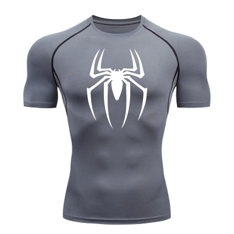 2024Men's Spider Print Compression Shirt, Quick Dry T-Shirt, Gym Running Jersey, Breathable Short Sleeve, Spring, Summer, M-3XL