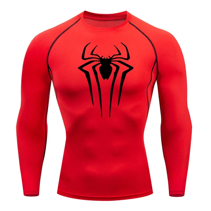 Spider Print Long Sleeve Compression Shirts for Men Gym Workout Rash Guard Undershirts Baselayers Athletic Quick Dry Tees Tops